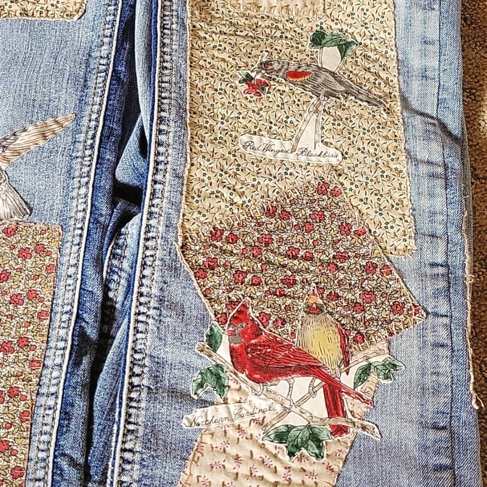 HAND CRAFTED Jeans UPCYCLED Blue Denim Patchwork Bird Floral Applique Size 6 - Picture 14 of 17